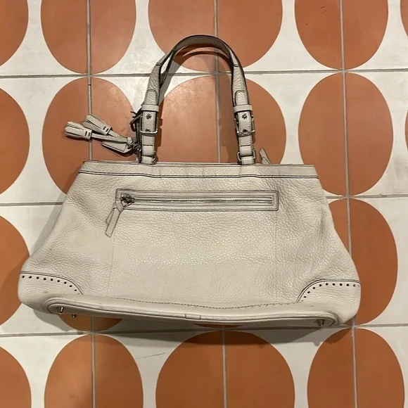 Coach Hampton Pebbled Leather Tassel Satchel Handbag Shoulder Purse Beige - Picture 3 of 9